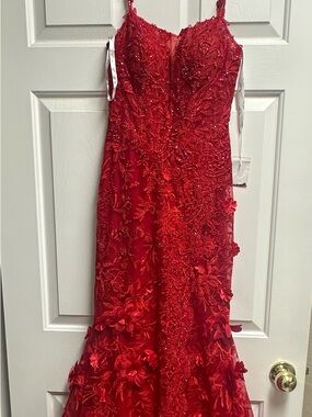 Red Beaded Floral Mermaid Gown